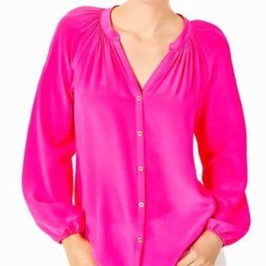Lilly Pulitzer NWT Silk Long Sleeve Button Down Saige Top Shirt Açaí Berry Large